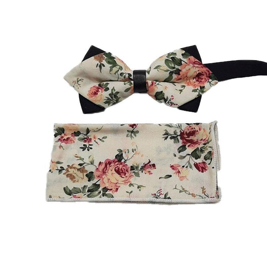 Floral Print Light Cream Pointed Bow Tie Set