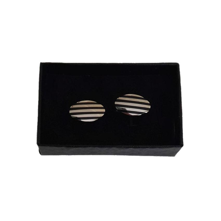 Gents Stainless Steel Oval Black Enamel Striped Cufflinks