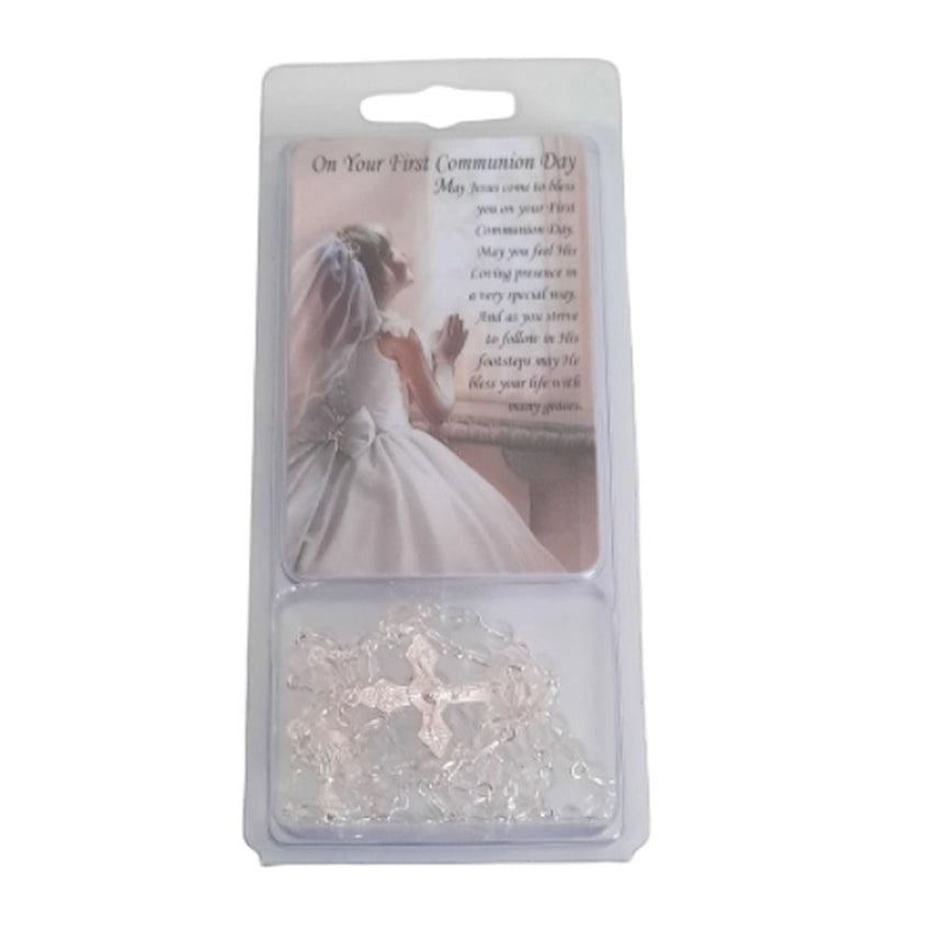 Girls Acrylic Communion Rosary Beads With a Prayer Card