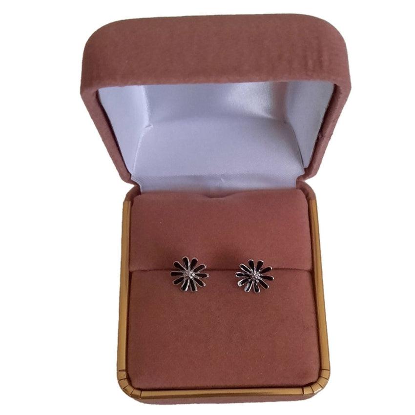 Girls Black Enamel Silver Flower Earrings