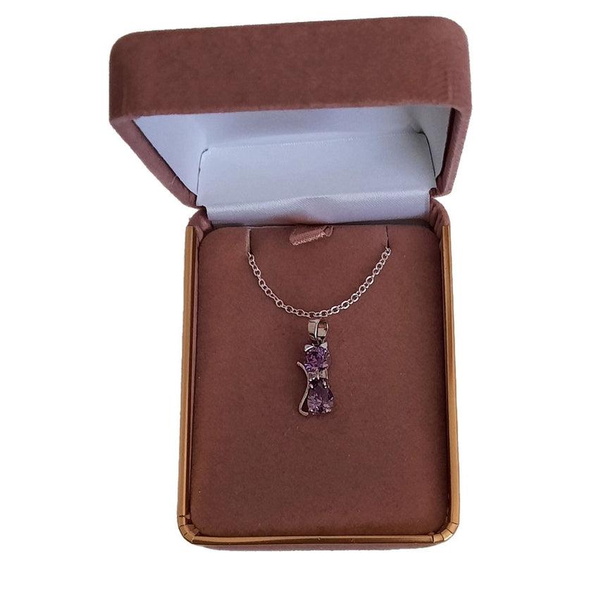 Girls Purple Cubic Zirconia Stone Full Body Sitting Cat Pendant