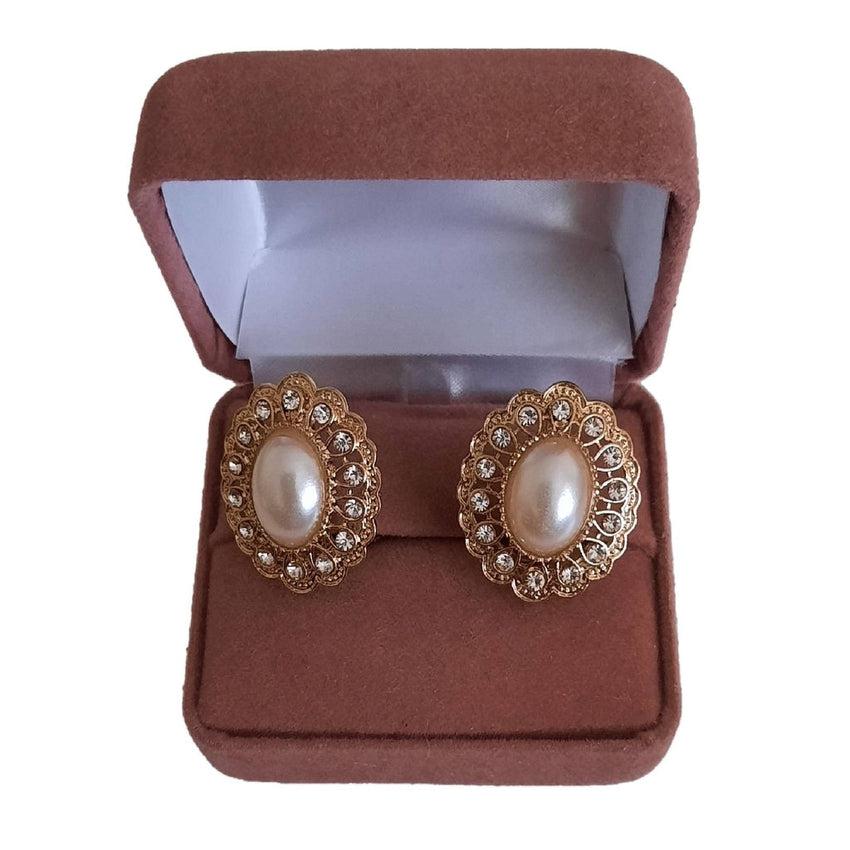 Gold And Diamante Clip On Earrings With A Pearl Centre