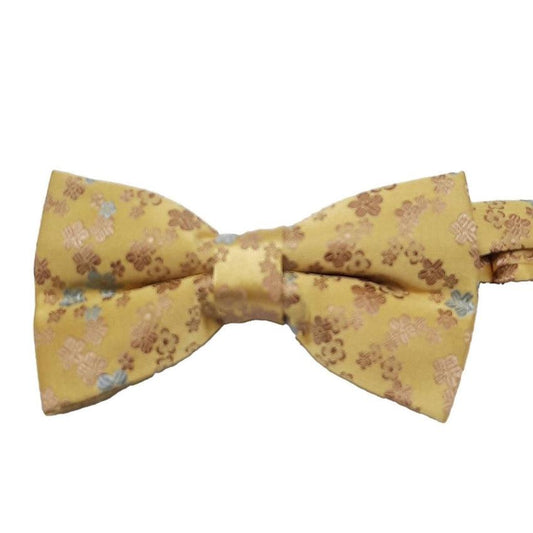Gold Bow Tie With Light Teal Blue Flowers