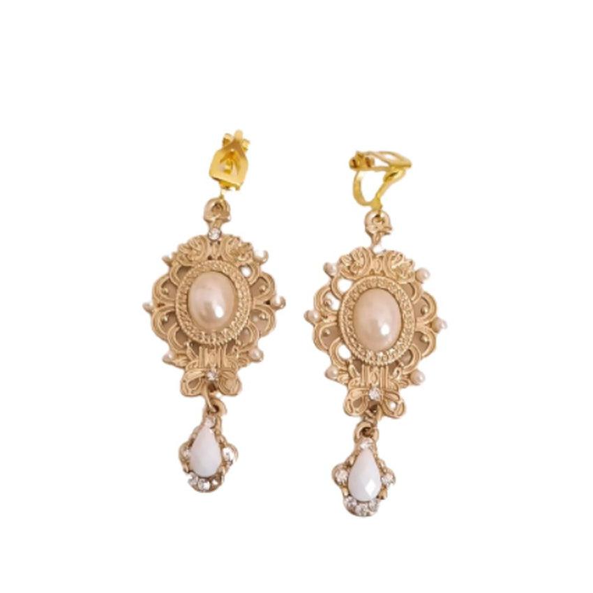 Gold Chandelier Pearl Drop Clip On Earrings