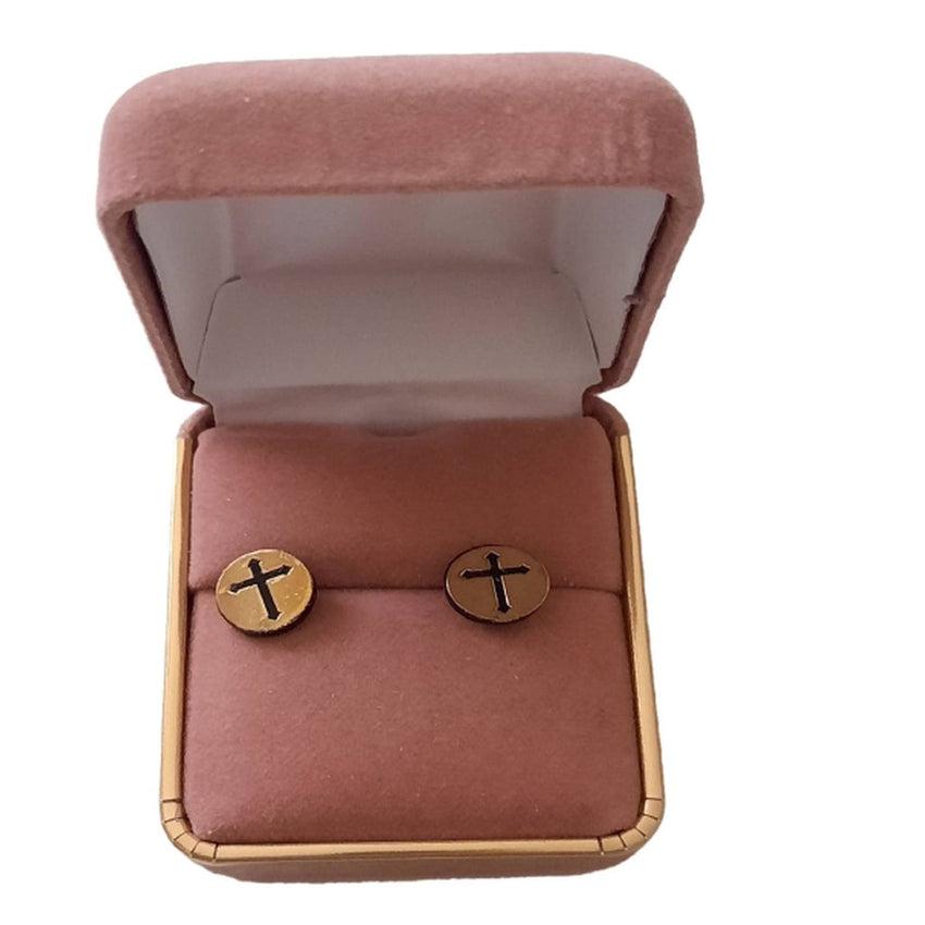 Gold Colour Cross Centre Circle Magnetic Stud Earrings