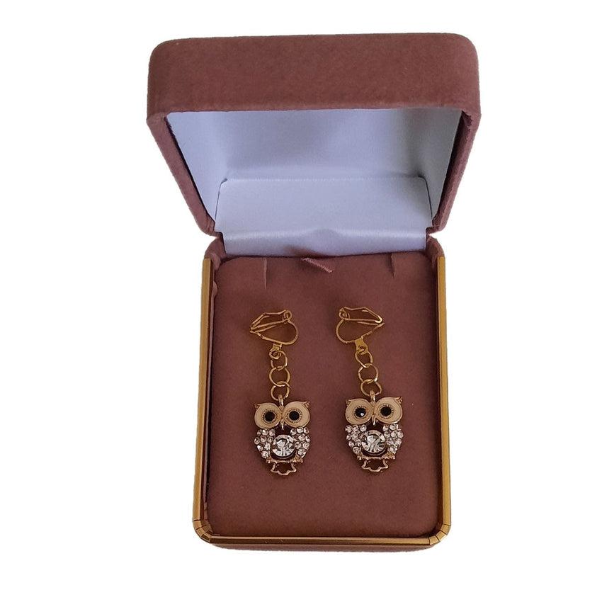 Gold Crystal Owl Clip On Earrings
