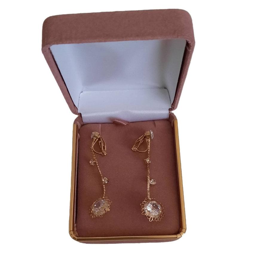 Gold Stem Pretty Crystal Flower Clip On Earrings