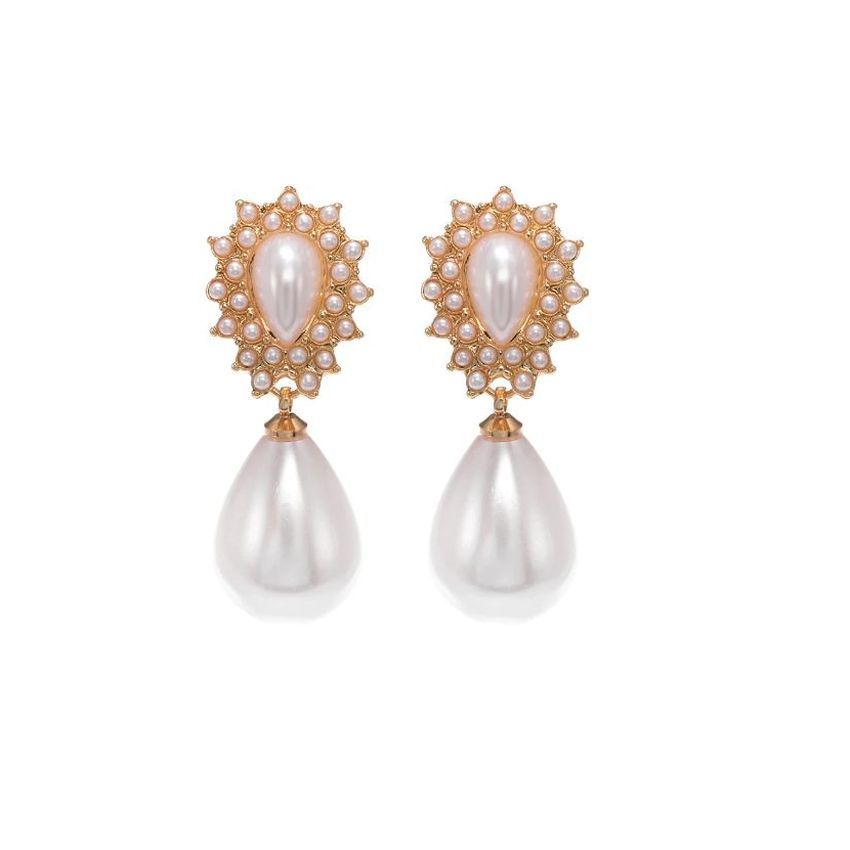 Gold Tear Drop Pearl Clip On Earrings
