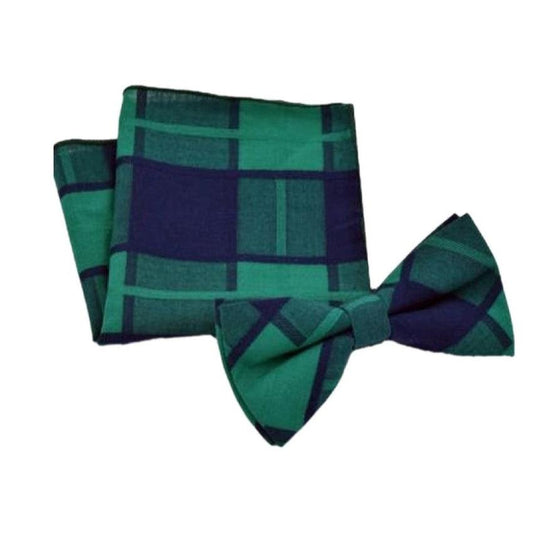Green And Black Checked Adjustable Bow Tie And Hanky Set