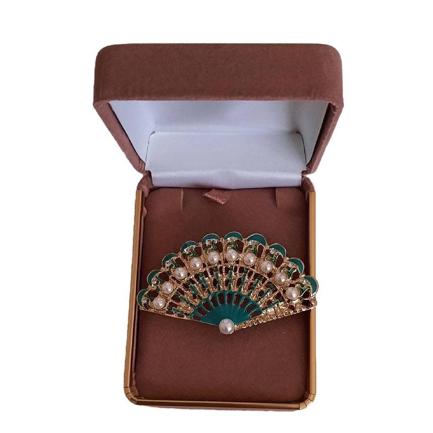 Green And Gold Open Fan Ladies Brooch