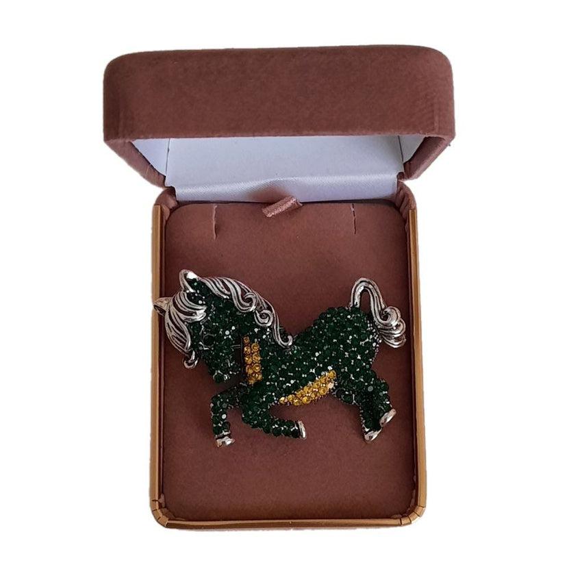 Green Crystal Trotting Horse Brooch