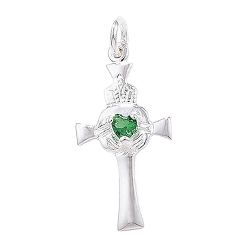 Green Cubic Zirconia Cross Silver Claddagh Pendant