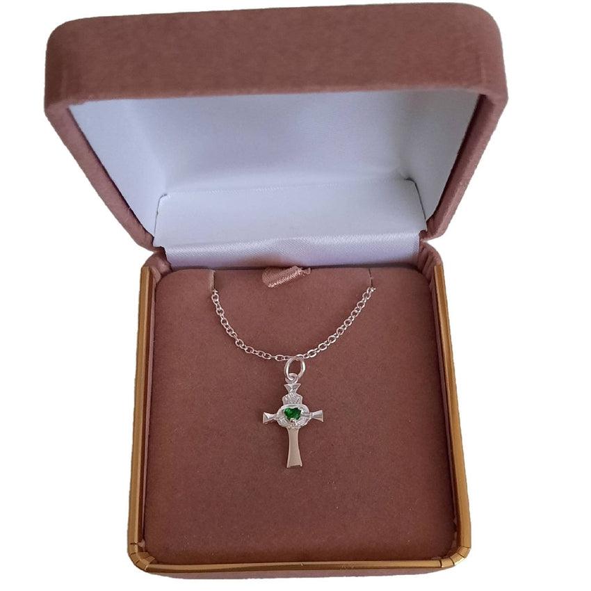 Green Cubic Zirconia Cross Silver Claddagh Pendant