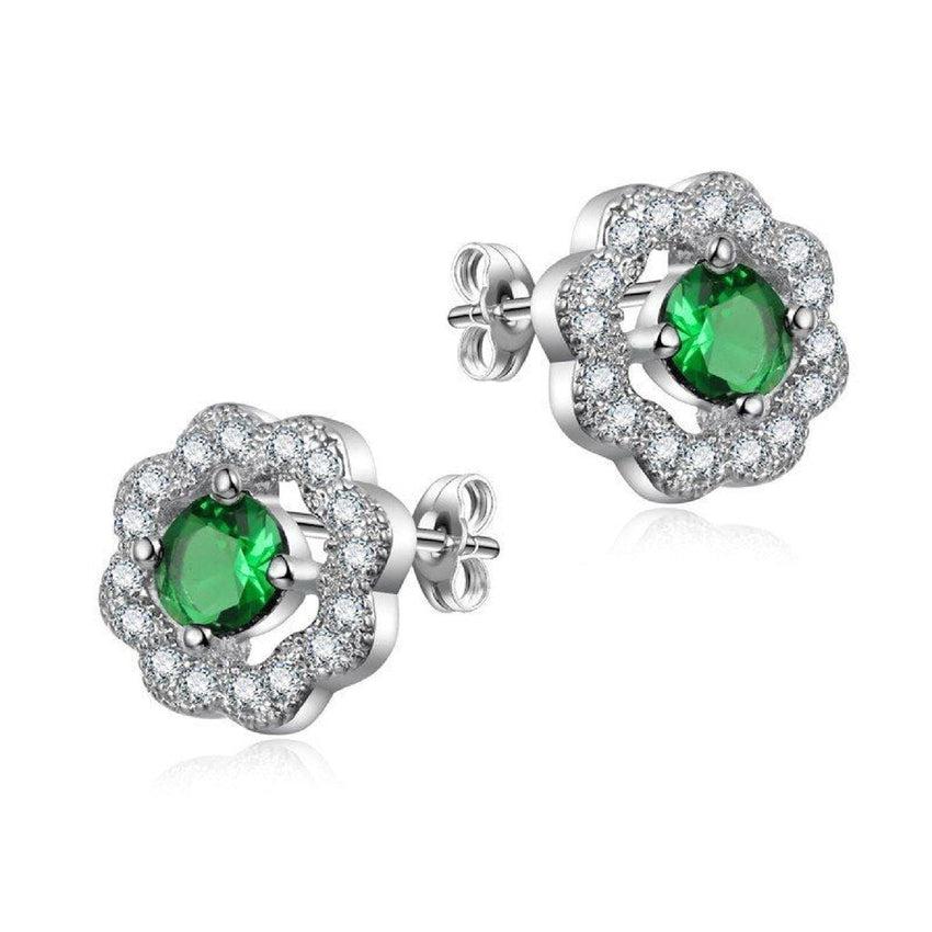 Green Cubic Zirconia Flower Design Stud Earrings