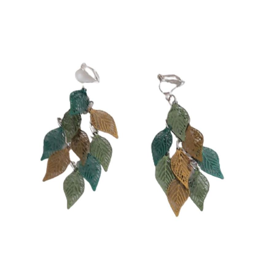 Green Leaf Dangly Clip On Earrings