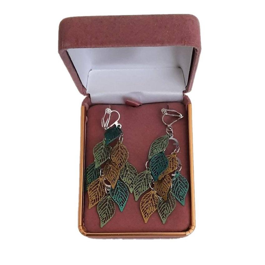 Green Leaf Dangly Clip On Earrings