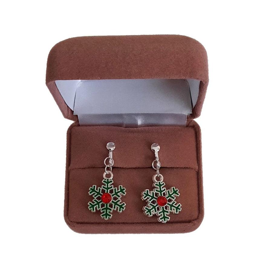 Green Snowflake Clip On Earrings