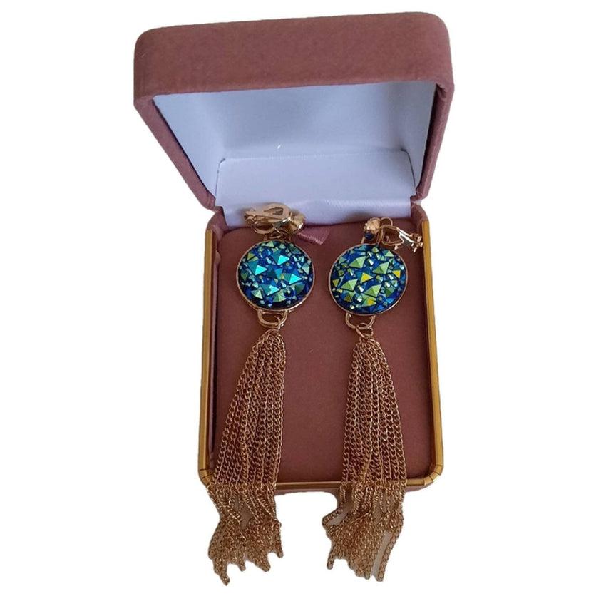 Green Chain And Crystal Clip On Earrings