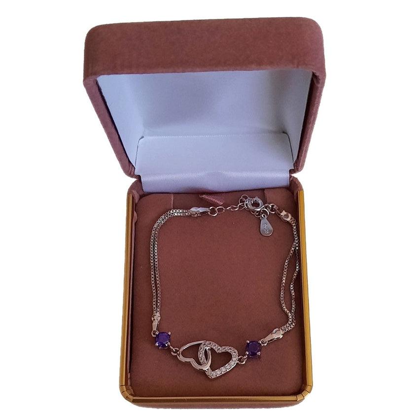 Heart Centre With Purple CZ Stones Silver Bracelet