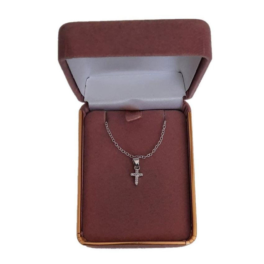 Kids Very Small Silver Crystal Cross Necklace