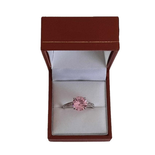 Ladies Sterling Silver Round Pink Coloured Glass Ladies Band Ring