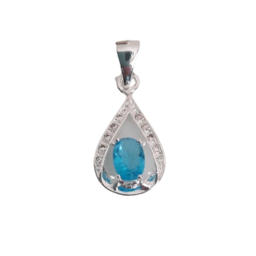 Lake Blue Topaz Pear Drop Pendant With Cubic Zirconia Edges