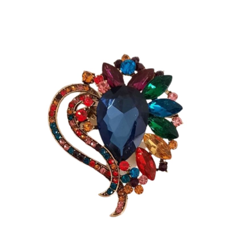 Large Blue Centre Multi Colour Diamante Brooch