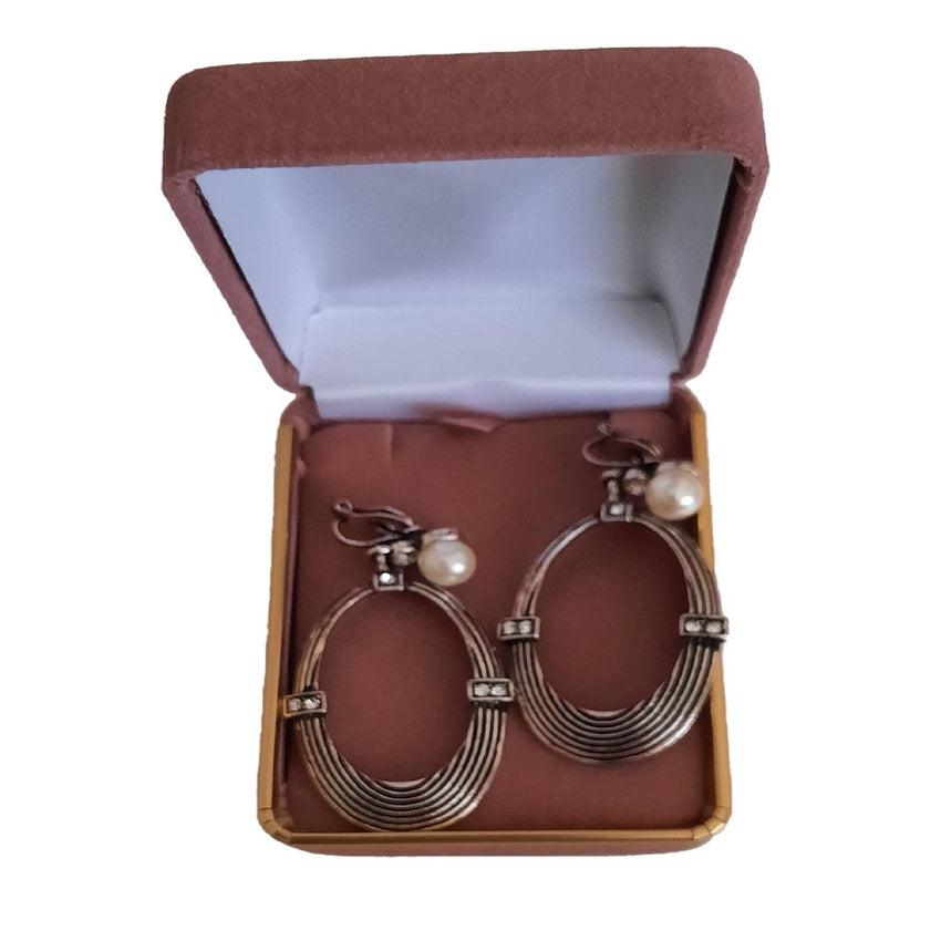 Large Open Design Black Grooved Silver Plated Clip Earrings