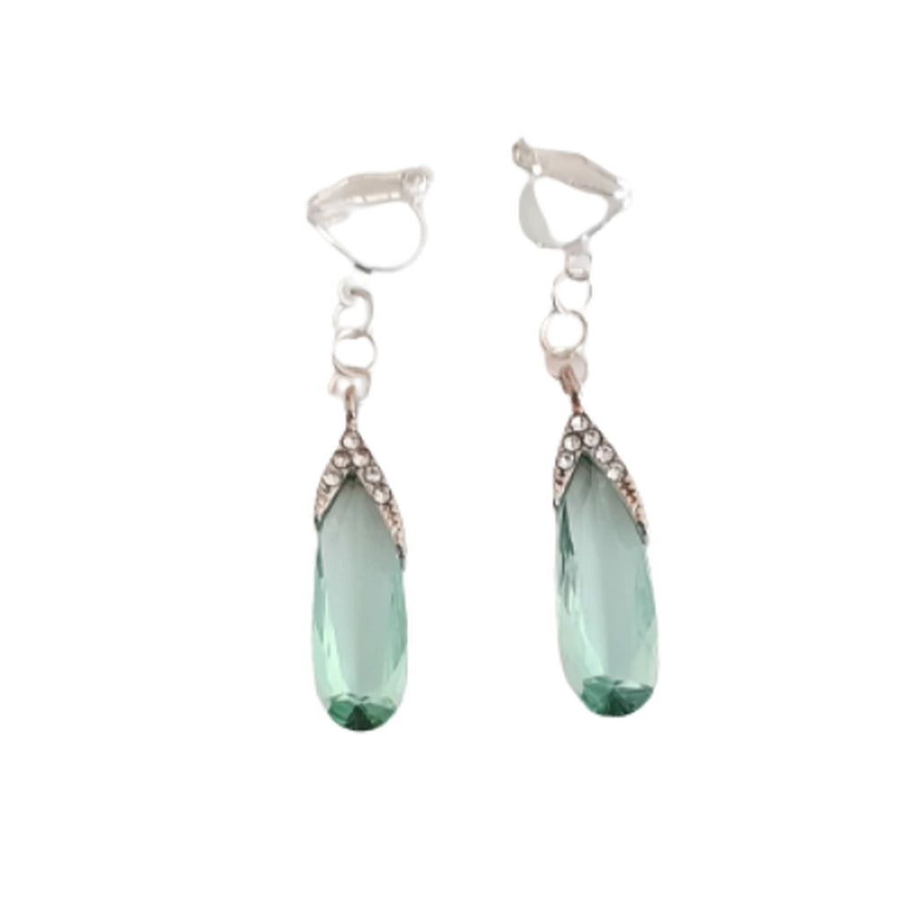 Light Green Crystal Drop Clip On Earrings