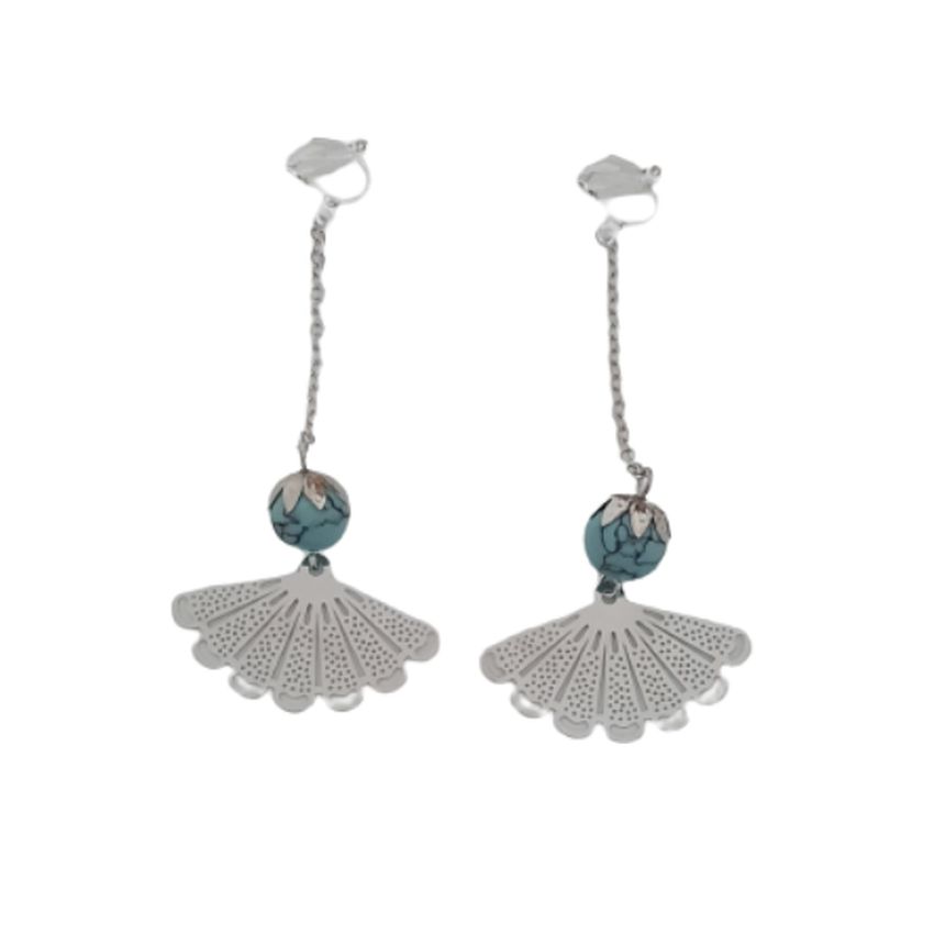 Long Silver Fan Drop Clip On Earrings