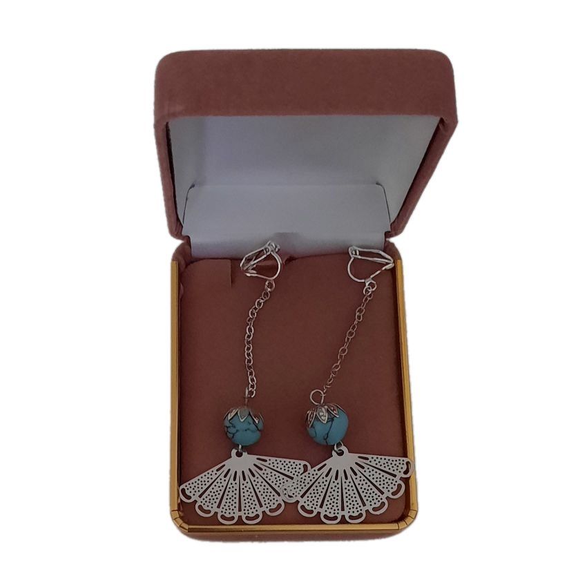 Long Silver Fan Drop Clip On Earrings(2)