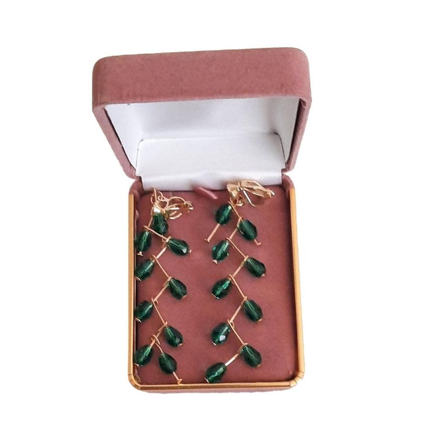 Long Green Stone Gold Tone Drop Clip On Earrings