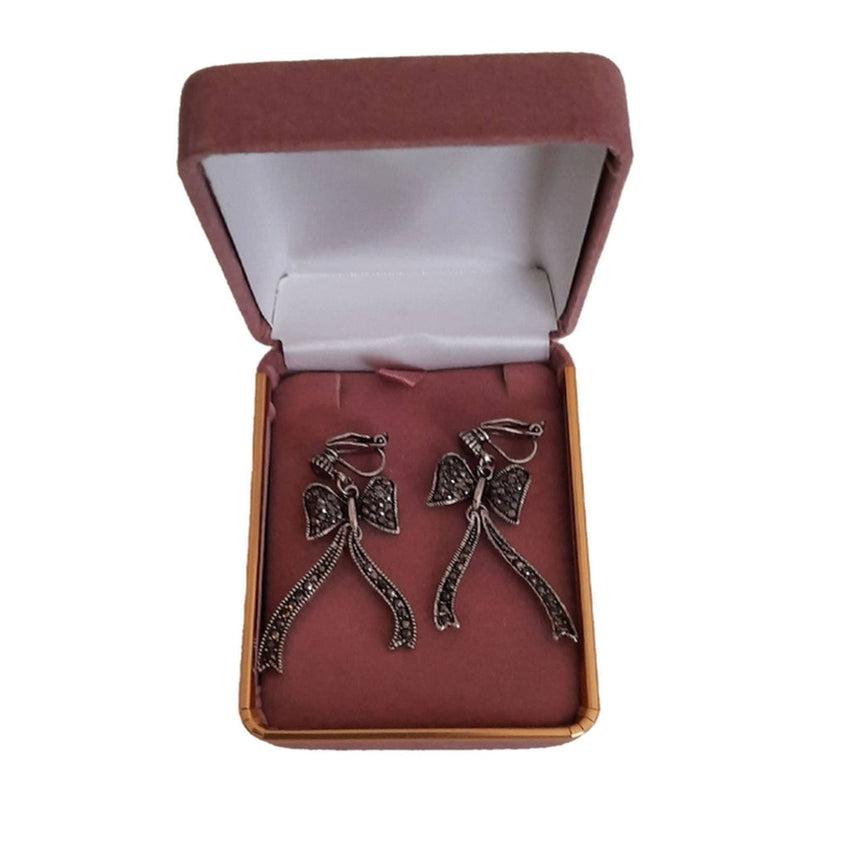 Marcasite Bow And Ribbon Drop Clip on Earrings