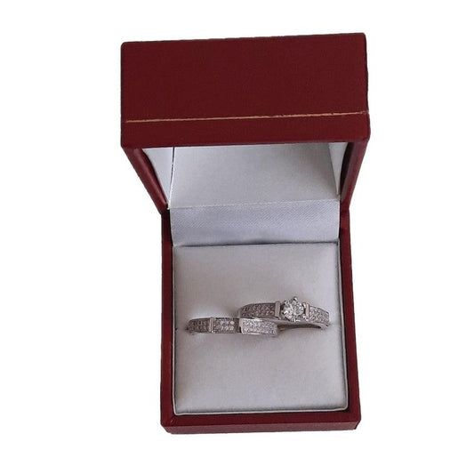 Matching Rhodium Plated Copper Cubic Zirconia Wedding Ring Set