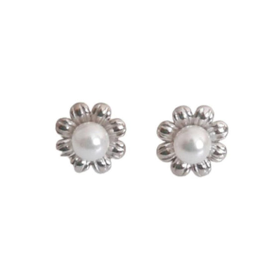 Medium Size Silver Petals With a Pearl Centre Flower Earrings