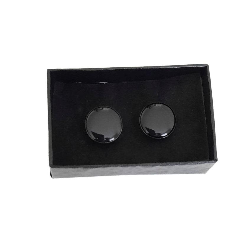 Mens 17mm Plain Black Enamel Round Cufflinks