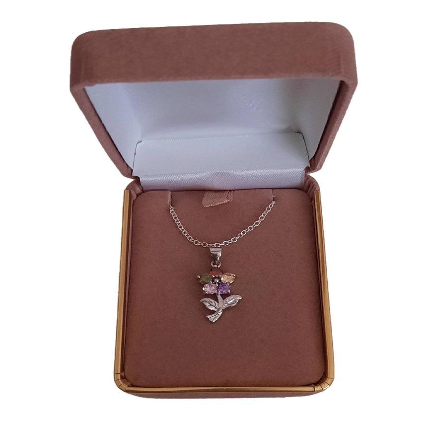 Multi Coloured Flower Pendant With a Silver Stem And Leaves