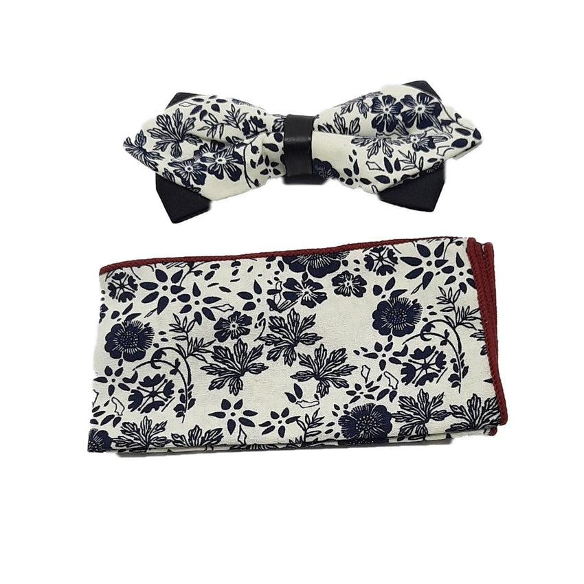 Navy Blue Embroidered Flowers Cream Background Adjustable Bow Tie Set