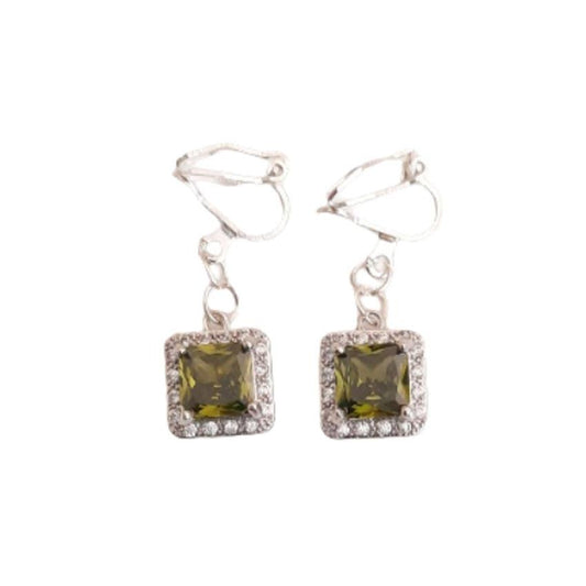 Olive Green Cushion Diamante Clip On Earrings