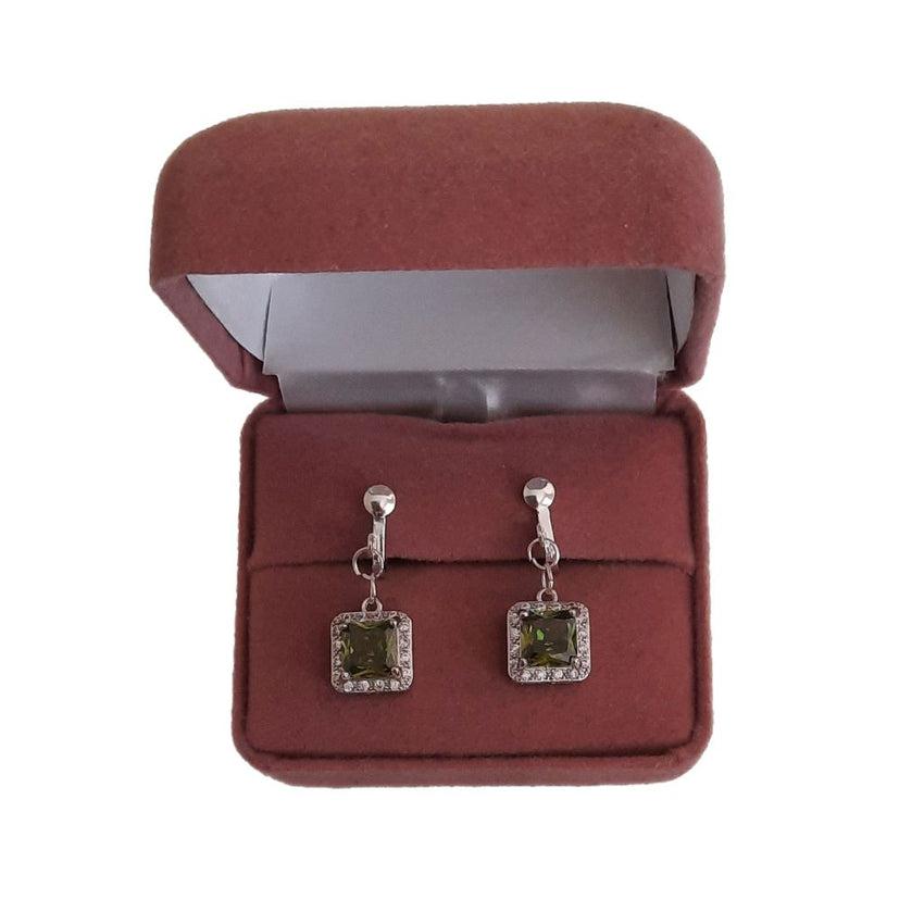 Olive Green Cushion Diamante Clip On Earrings