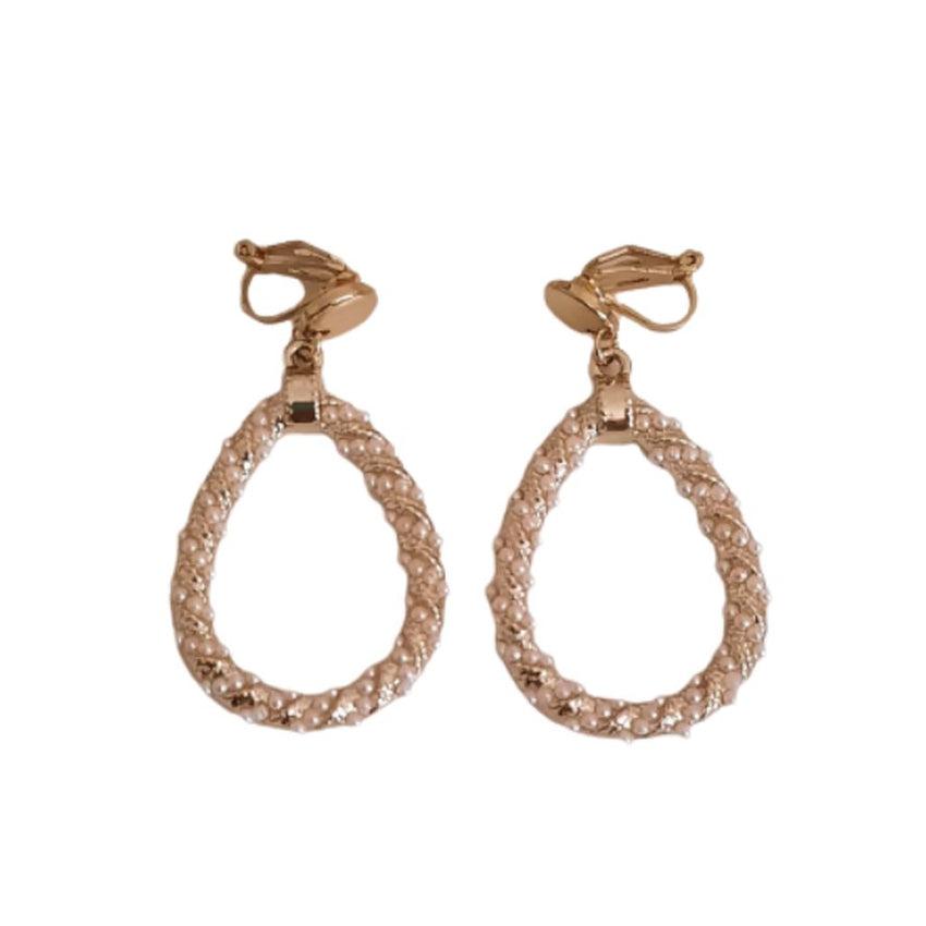 Open Pearl Hoop Drop Clip On Earrings