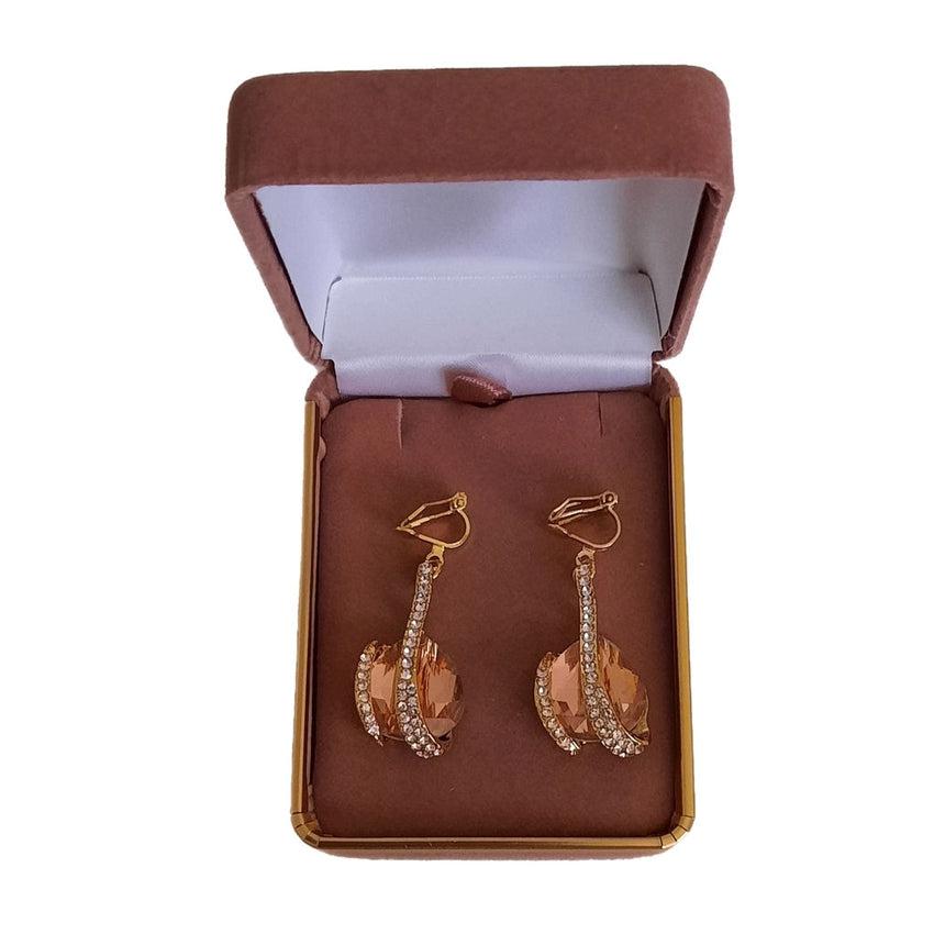 Orange Diamante And Gold Clip On Earrings