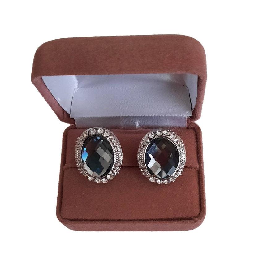 Oval Grey Centre With Crystal Clip On Earrings