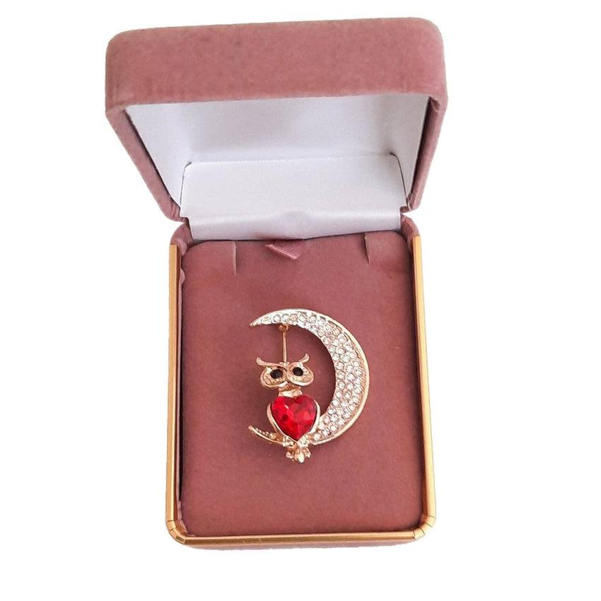 Owl In A Half Moon Diamante Brooch