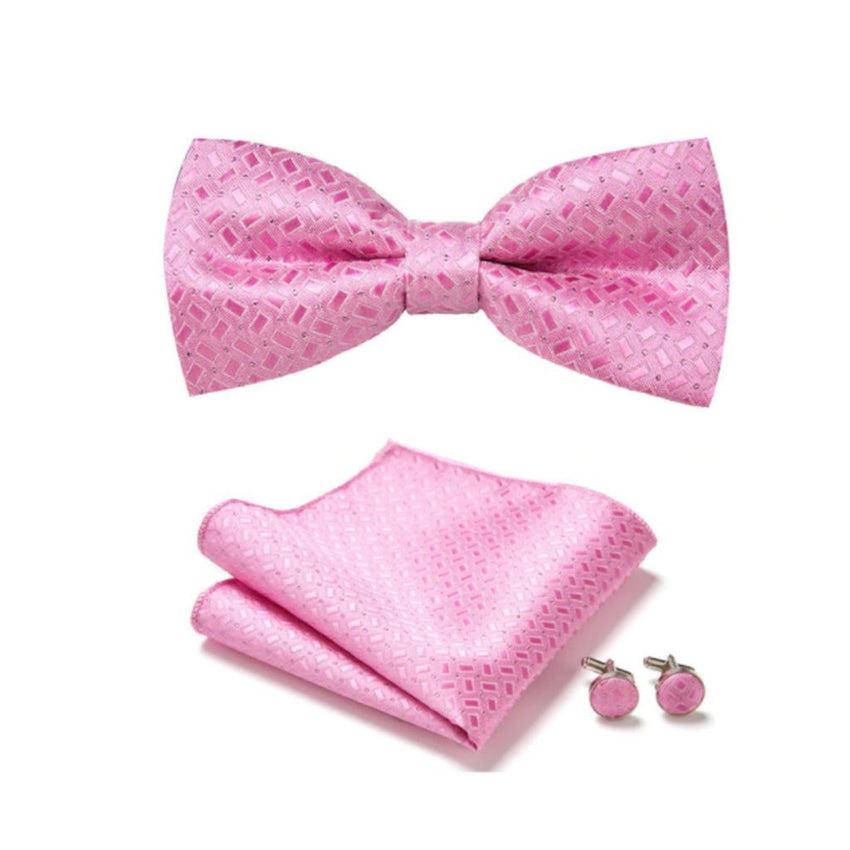 Patterned Pink Cufflinks Bow Tie And Hanky Set