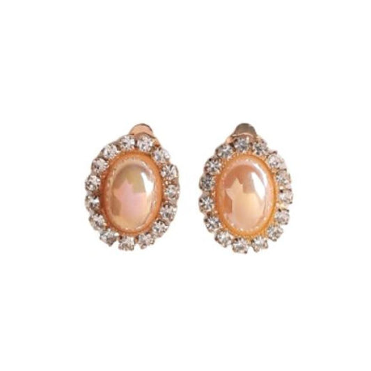 Peach Diamante And Gold Clip On Earrings