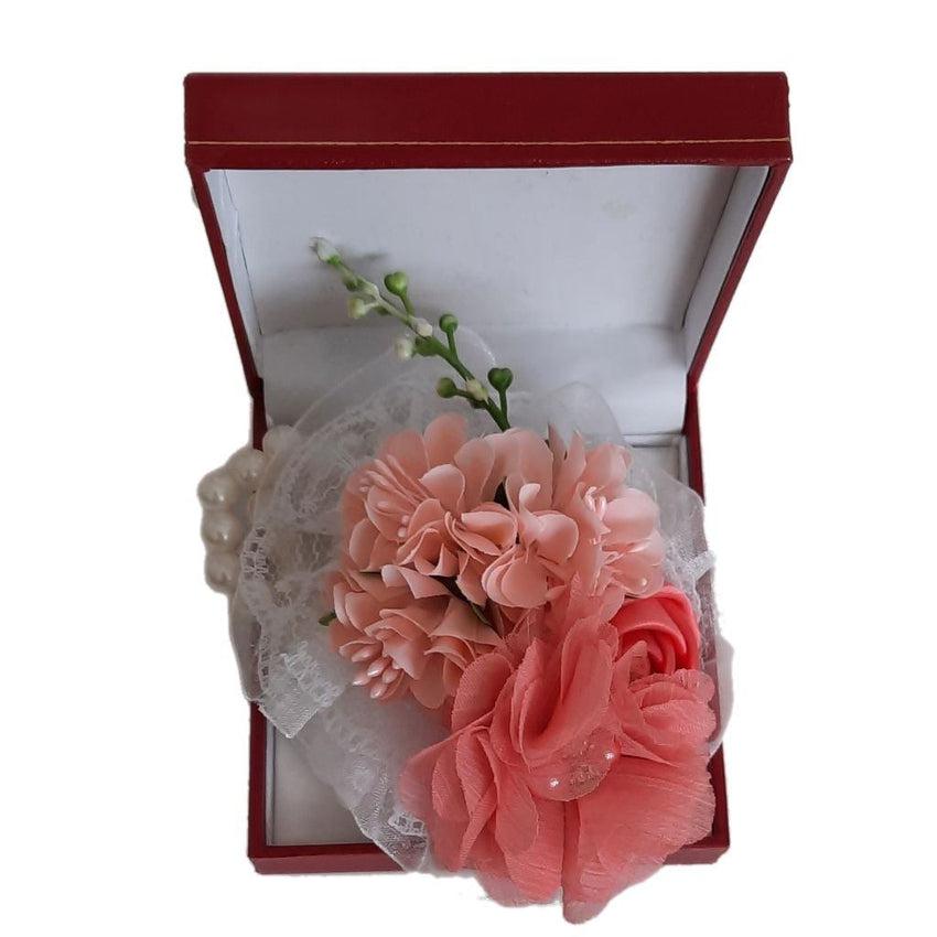 Peach Flower Bouquet Wrist Corsage Pearl Bracelet