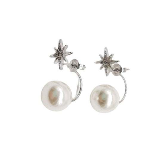 Pearl And Cubic Zirconia Star Front Double Silver Earrings