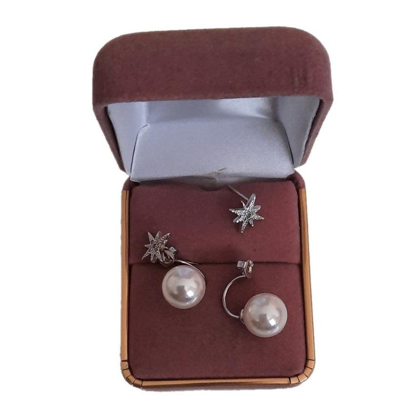 Pearl And Cubic Zirconia Star Front Double Silver Earrings