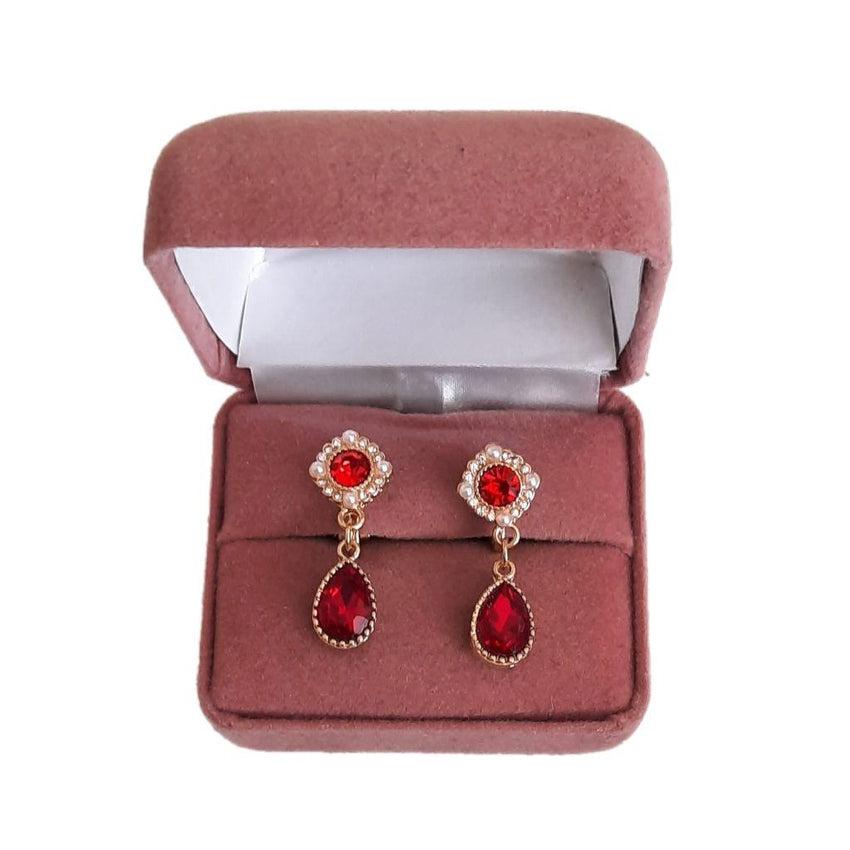Pearl And Red Crystal Drop Clip On Earrings